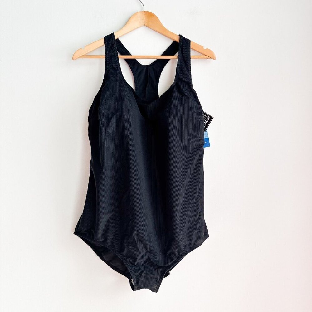 Sportek Black Full Coverage Black One Piece Swimsuit 24W